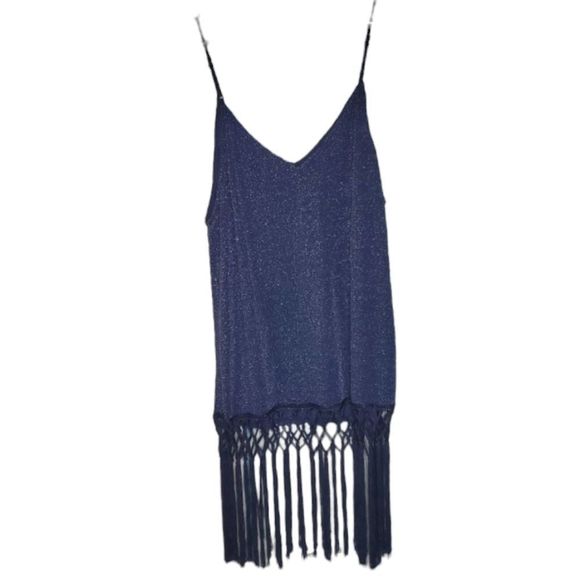 Skies are Blue glitter navy fringe tanktop L - Picture 1 of 16